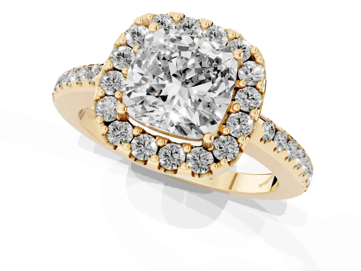 Cushion Cut Diamond Pavé Halo Ring with Four-Prong Setting Yellow gold