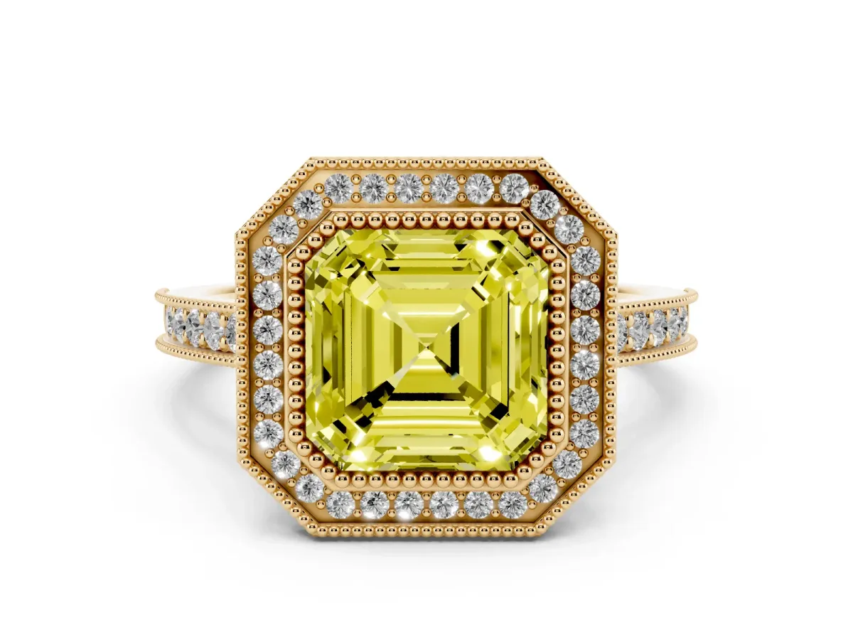 Fancy Yellow Halo Asscher Cut-Cut Diamond Pave Band Milgrain Prong Setting Ring Yellow gold