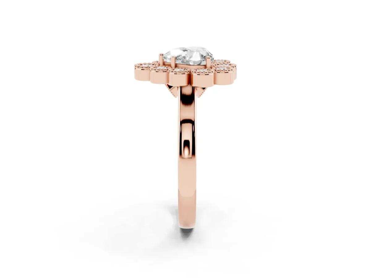 Heart Cut Halo Diamond Cluster Engagement Ring with Milgrain Bezel Setting and Solitaire Band Rose gold