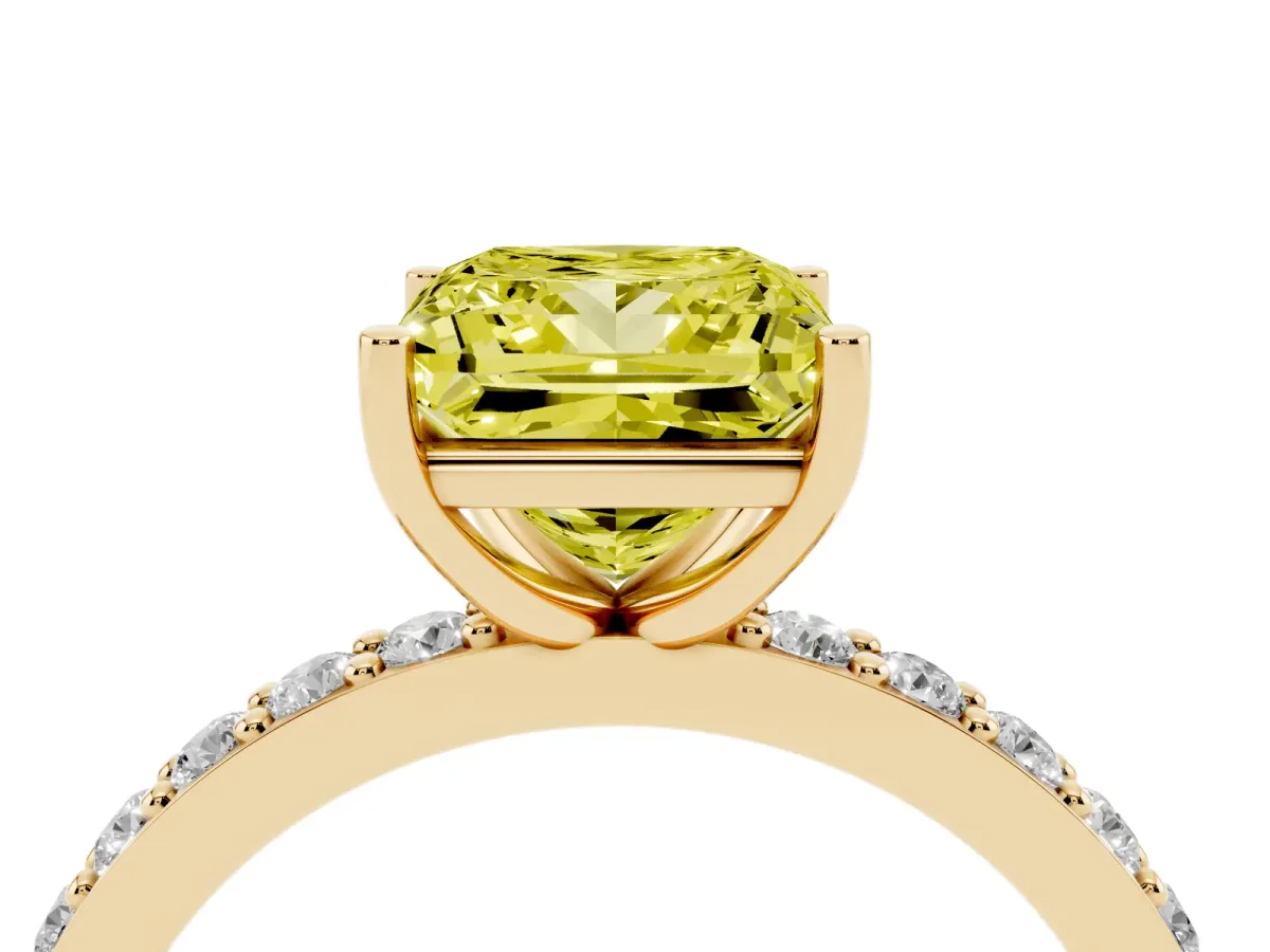 Fancy Yellow Princess Cut Cut Diamond Solitaire with Pave Band and Four-Prong Setting Yellow gold