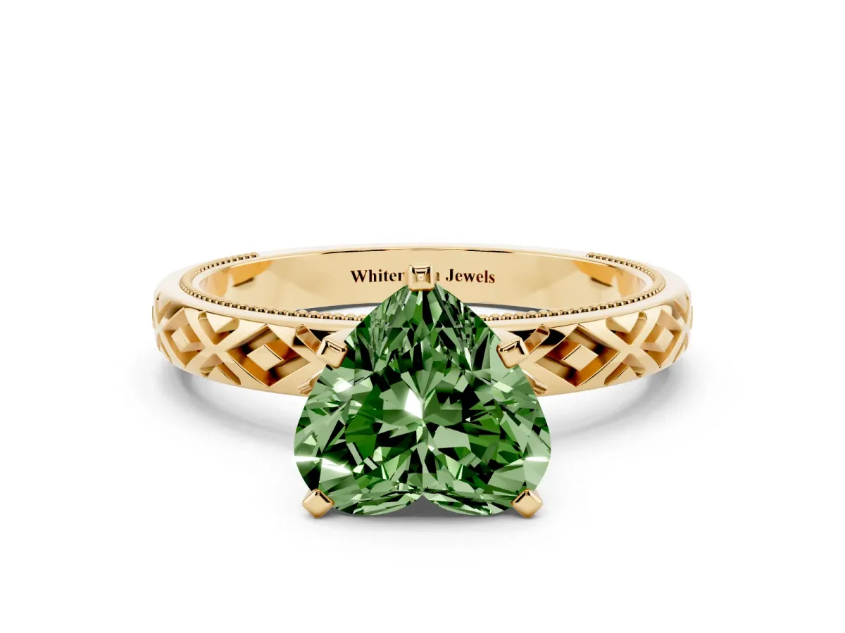 Fancy Green Heart Cut Solitaire Diamond Ring with Milgrain and Black Enamel X Pattern Band Yellow gold