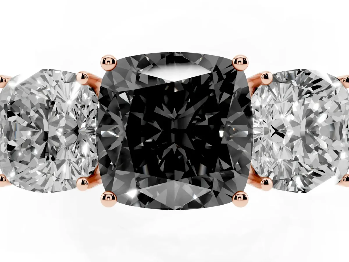 Fancy Black Cushion Cut Diamond Three-Stone Ring with Prong Setting and Textured Band Rose gold