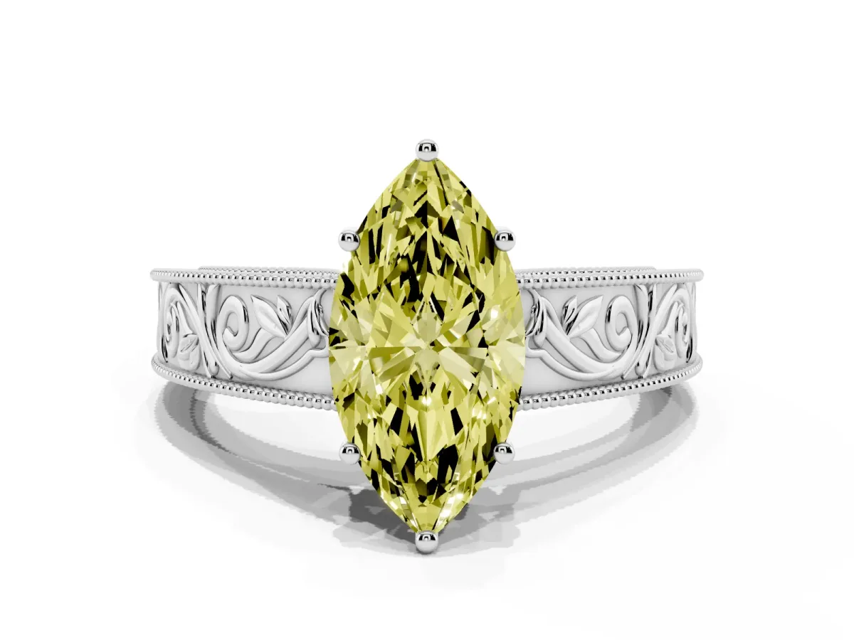 Fancy Yellow Marquise Cut Diamond Solitaire Ring with Engraved Band and Four-Prong Setting Silver