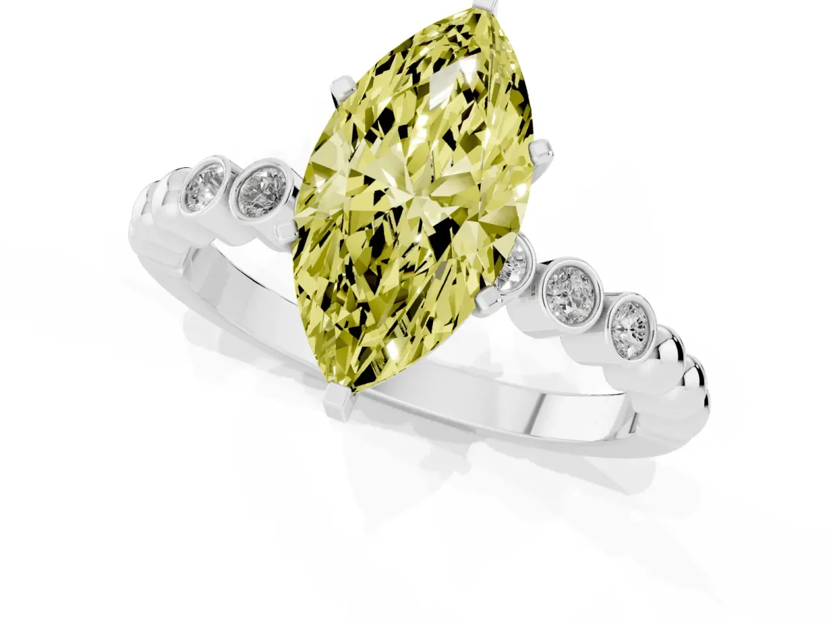 Fancy Yellow Marquise Cut Solitaire Bezel Accent Diamond Engagement Ring with Beaded Band and Four-Prong Setting Platinum