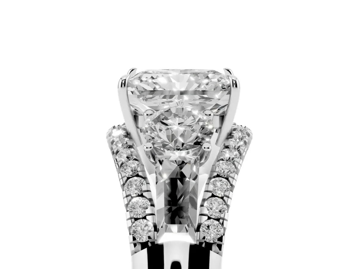 Three-Stone Radiant Cut Diamond Engagement Ring with Pave Band and Prong Setting Silver