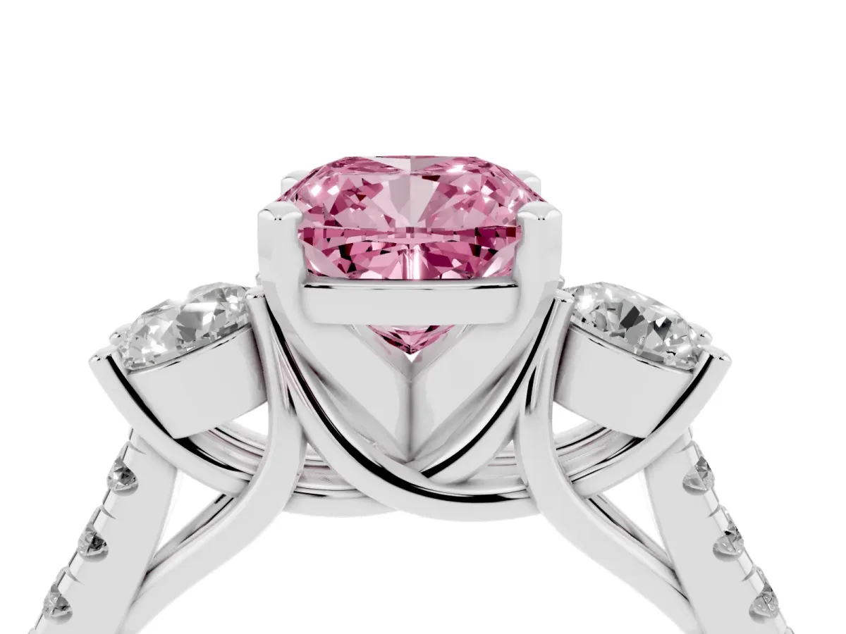 Fancy Pink Three-Stone Cushion Cut Diamond Pavé Band with Four-Prong Setting Silver