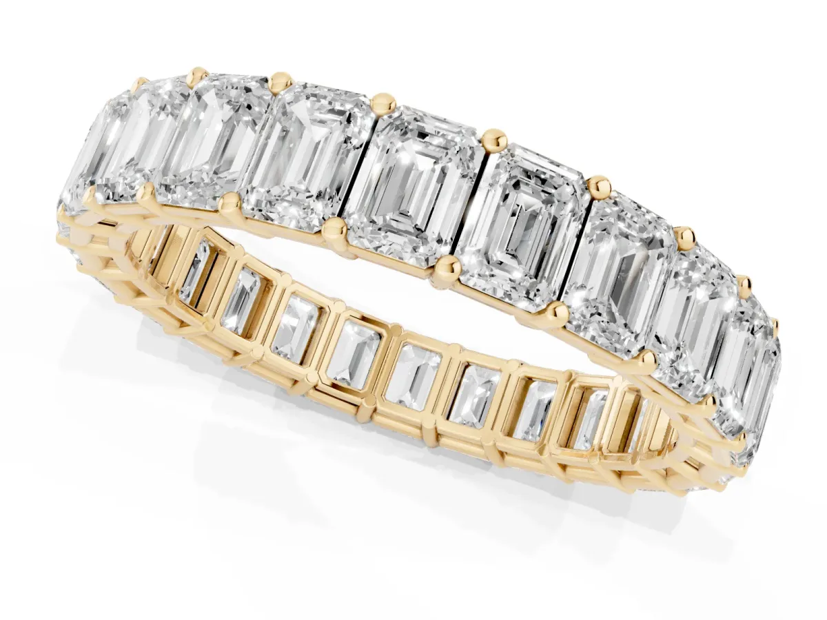 Emerald Cut Diamond Eternity Band with Shared Prong Setting Yellow gold