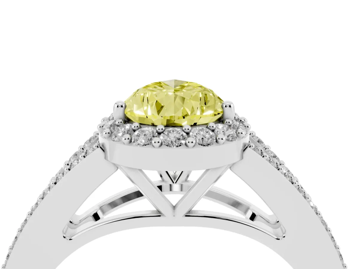 Fancy Yellow Pear Cut Halo Split Shank Diamond Ring with Prong Setting Silver
