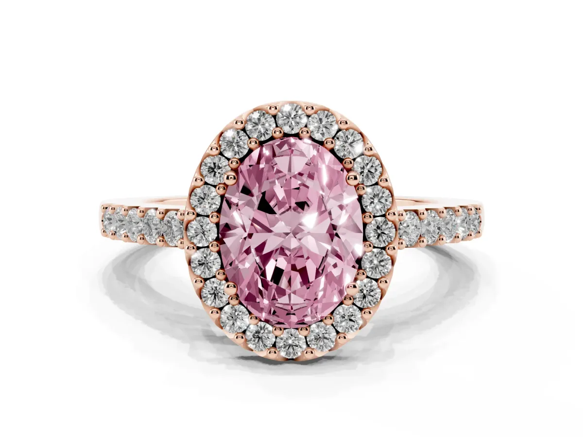 Fancy Pink Oval Cut Halo Diamond Pavé Solitaire Ring Rose gold