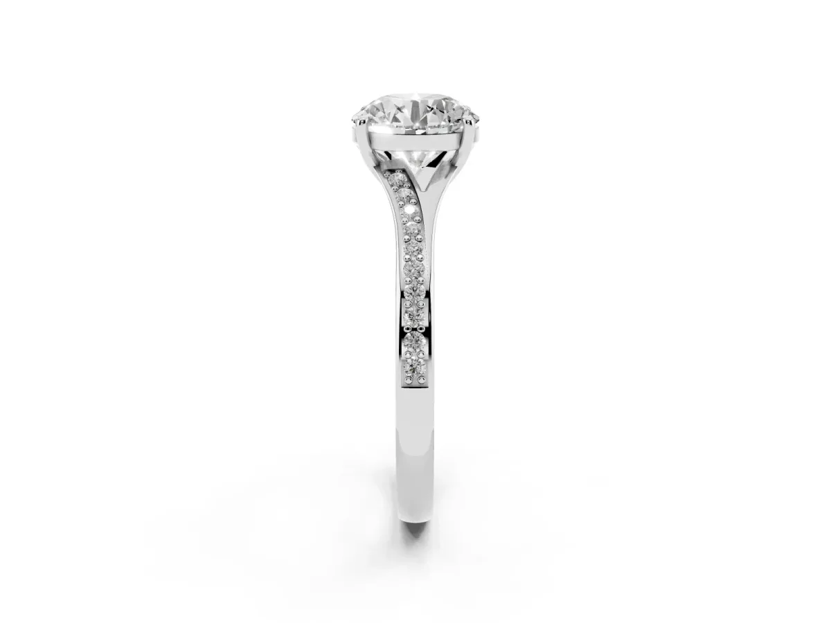 Round Cut Diamond Solitaire Ring with Pavé Band and Prong Setting Platinum