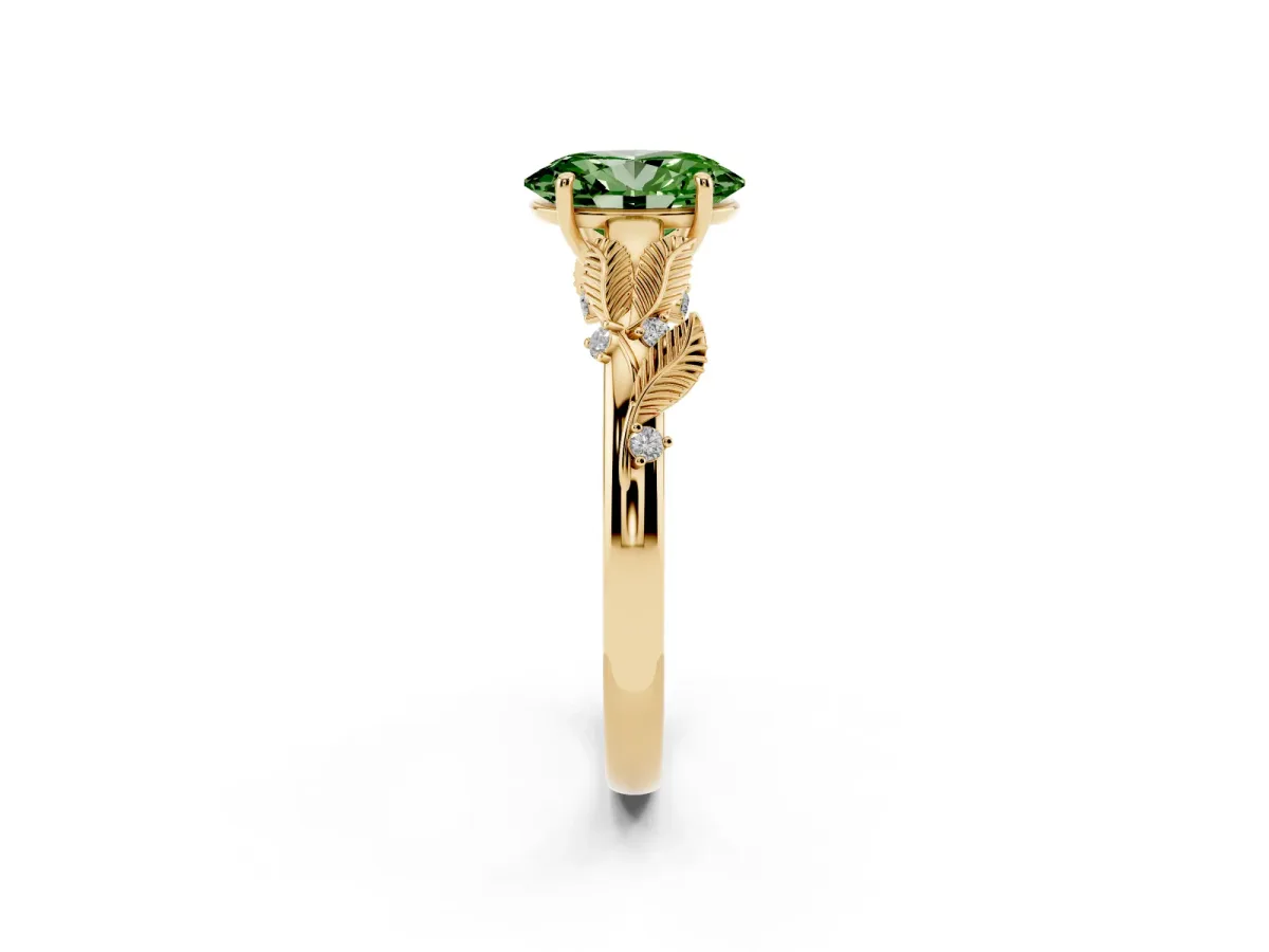 Fancy Green Oval Cut Diamond Solitaire Ring with Leaf Motif Band and Four-Prong Setting Yellow gold