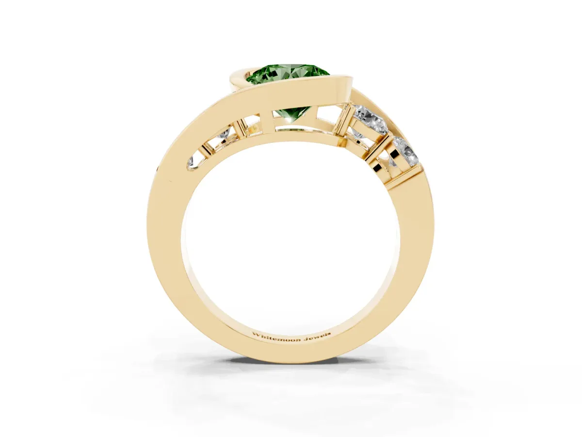 Fancy Green Bezel Set Round Cut Diamond Bypass Ring with Round Accents Yellow gold