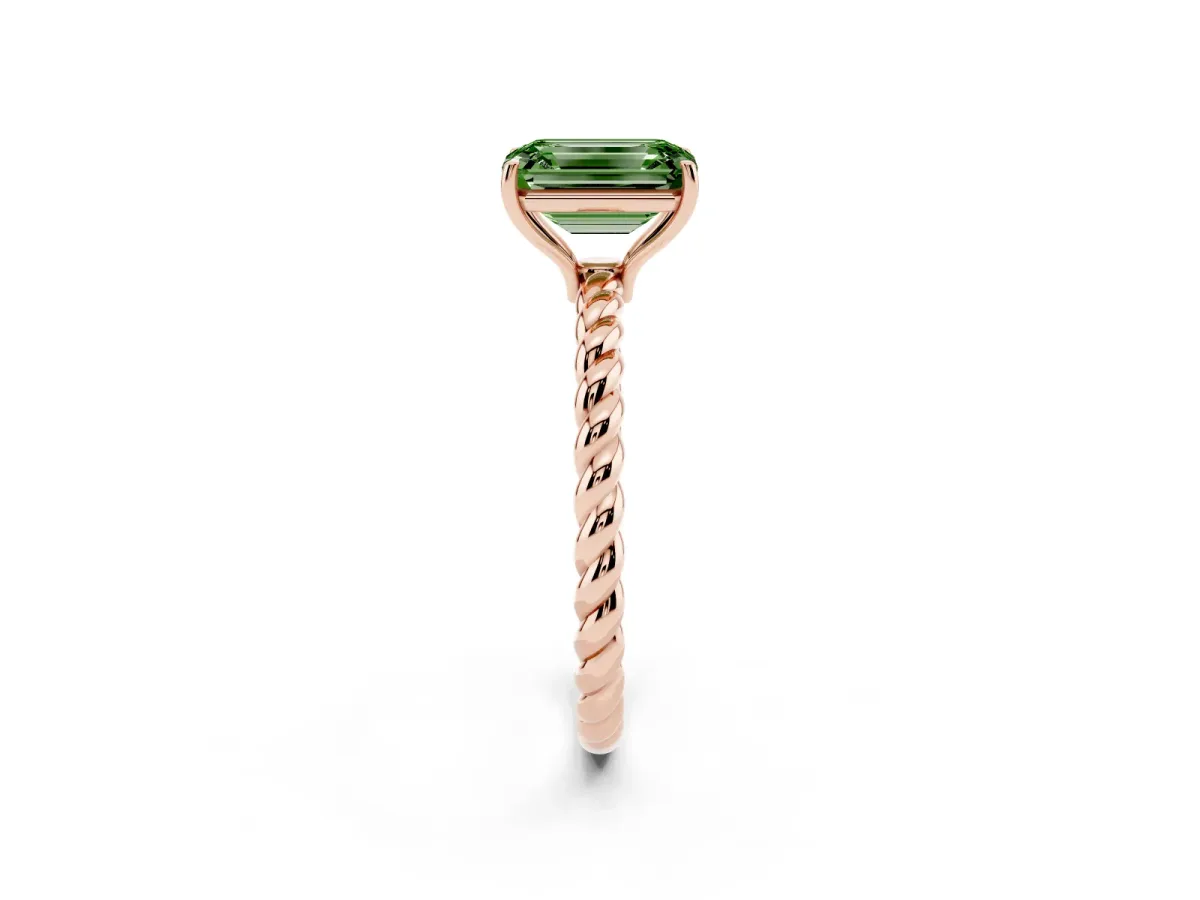 Fancy Green Emerald Cut Solitaire Twisted Band 4-Prong Ring Rose gold