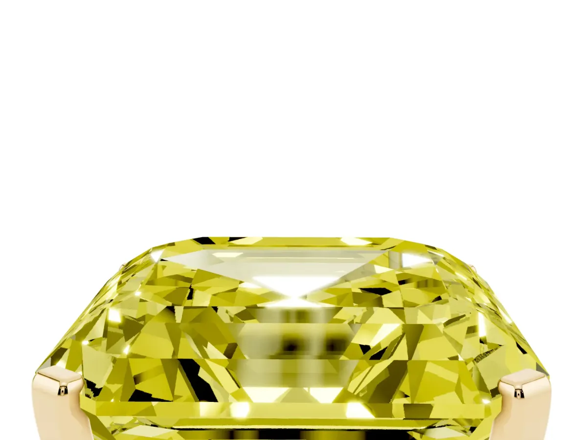 Fancy Yellow Asscher Cut Cut Three-Stone Solitaire Ring with Round Accent Diamonds and Four-Prong Setting Yellow gold