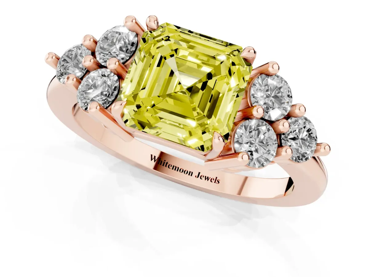 Fancy Yellow Asscher Cut Brilliant Diamond Cluster Accent Solitaire Ring with Prong Setting Rose gold