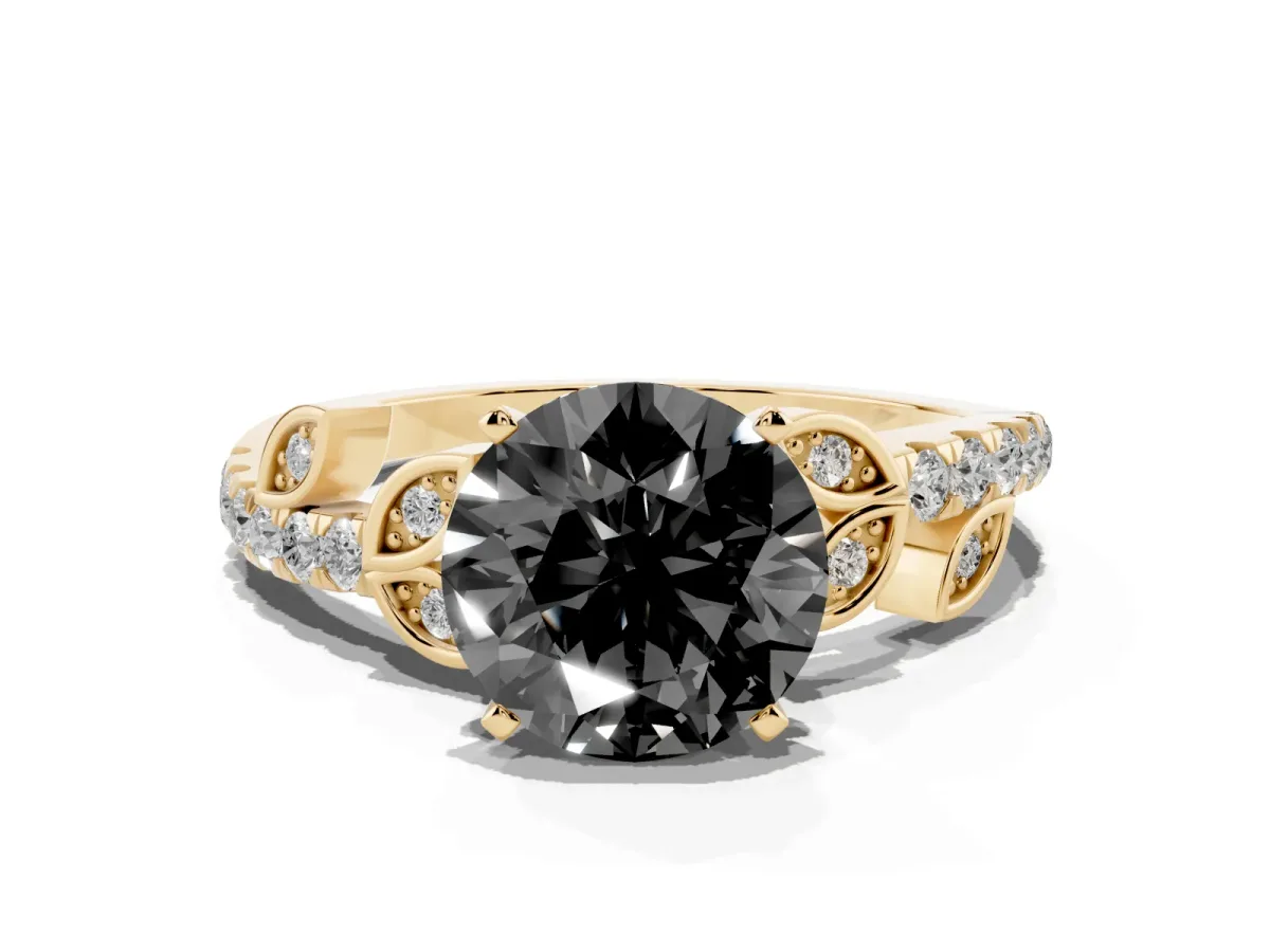 Fancy Black Round Cut Solitaire Leaf-Inspired Diamond Ring with Pavé Band and Four-Prong Setting Yellow gold