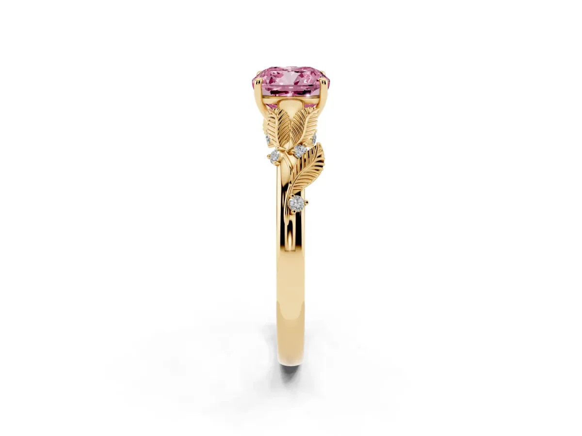 Fancy Pink Cushion Cut Diamond Solitaire Ring with Leaf Motif Band and Four-Prong Setting Yellow gold