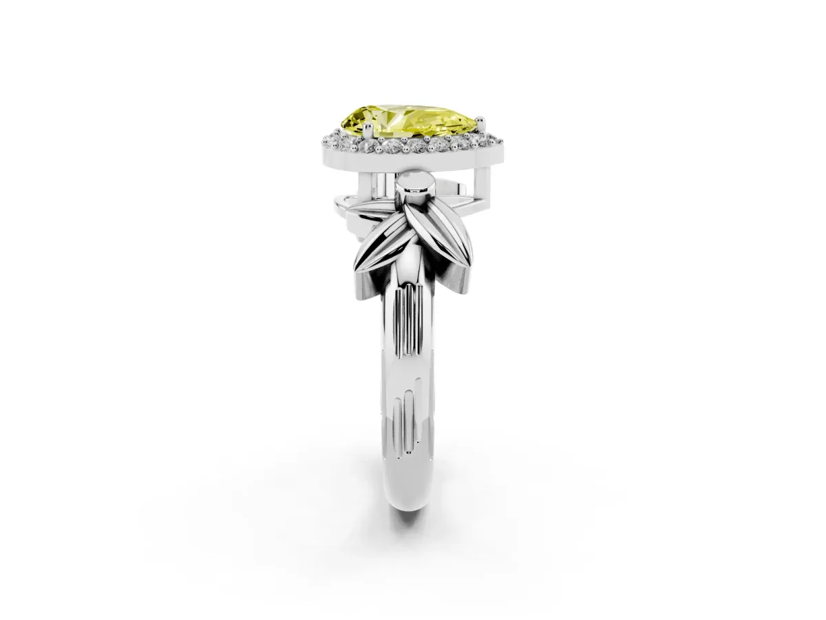 Fancy Yellow Pear Cut Halo Diamond Floral Band with Four-Prong Setting Platinum