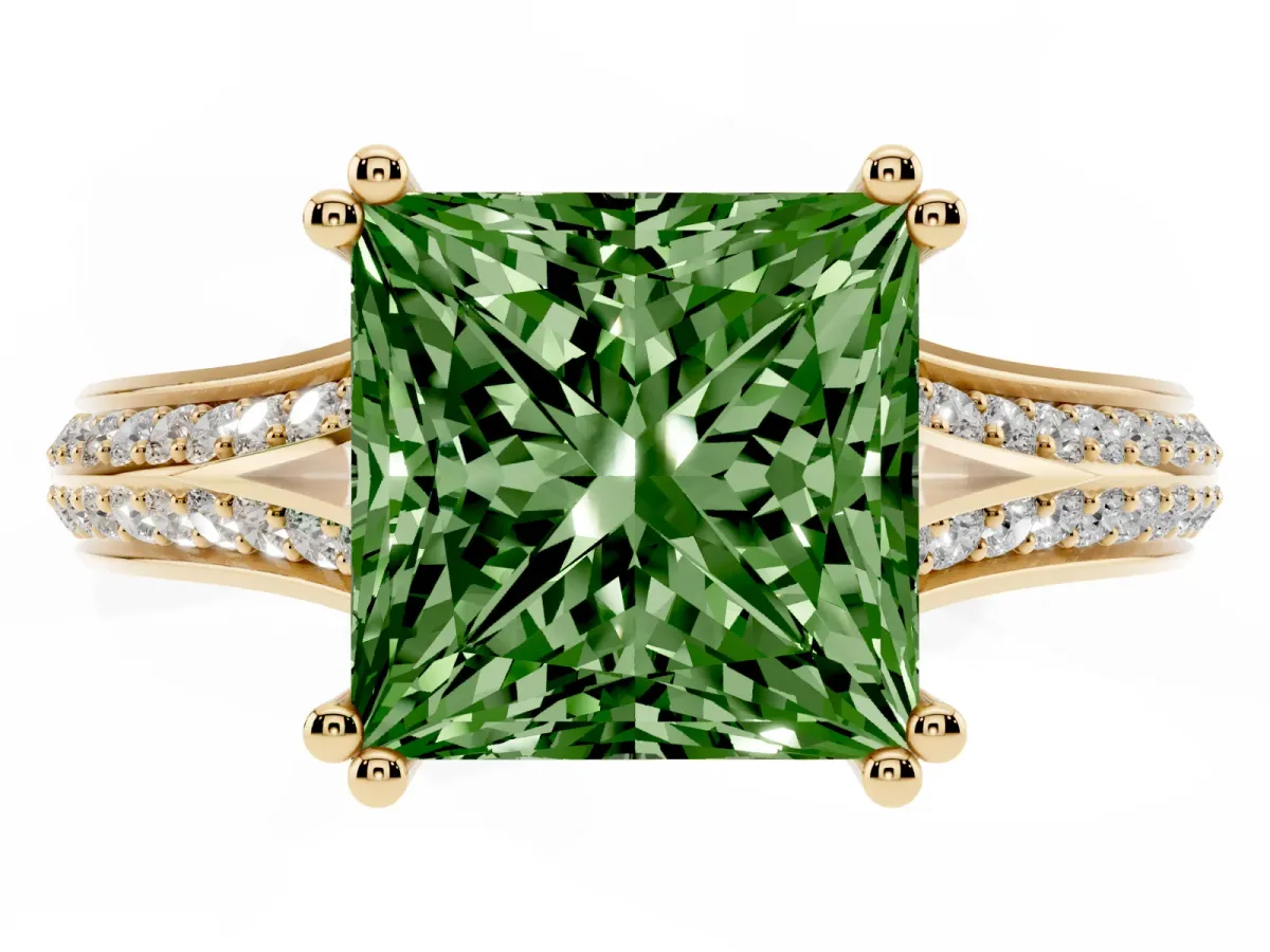 Fancy Green Princess Cut Diamond Split Shank Engagement Ring with Pavé Band Yellow gold