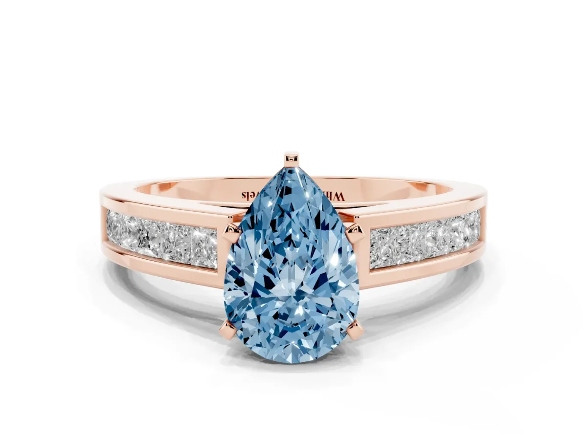 Fancy Blue Pear Cut Solitaire Diamond Ring with Channel-Set Band and Four-Prong Setting Rose gold