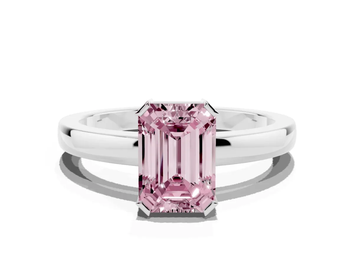 Fancy Pink Emerald Cut Cut Solitaire Ring with Four-Prong Setting and Classic Band Silver
