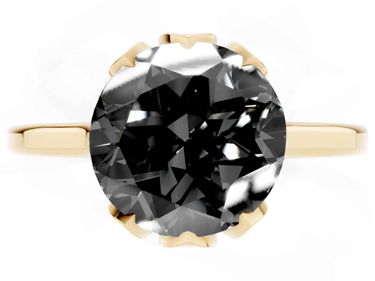 Fancy Black Round Cut Diamond Solitaire Ring with Flower Prong Setting and Classic Band Yellow gold