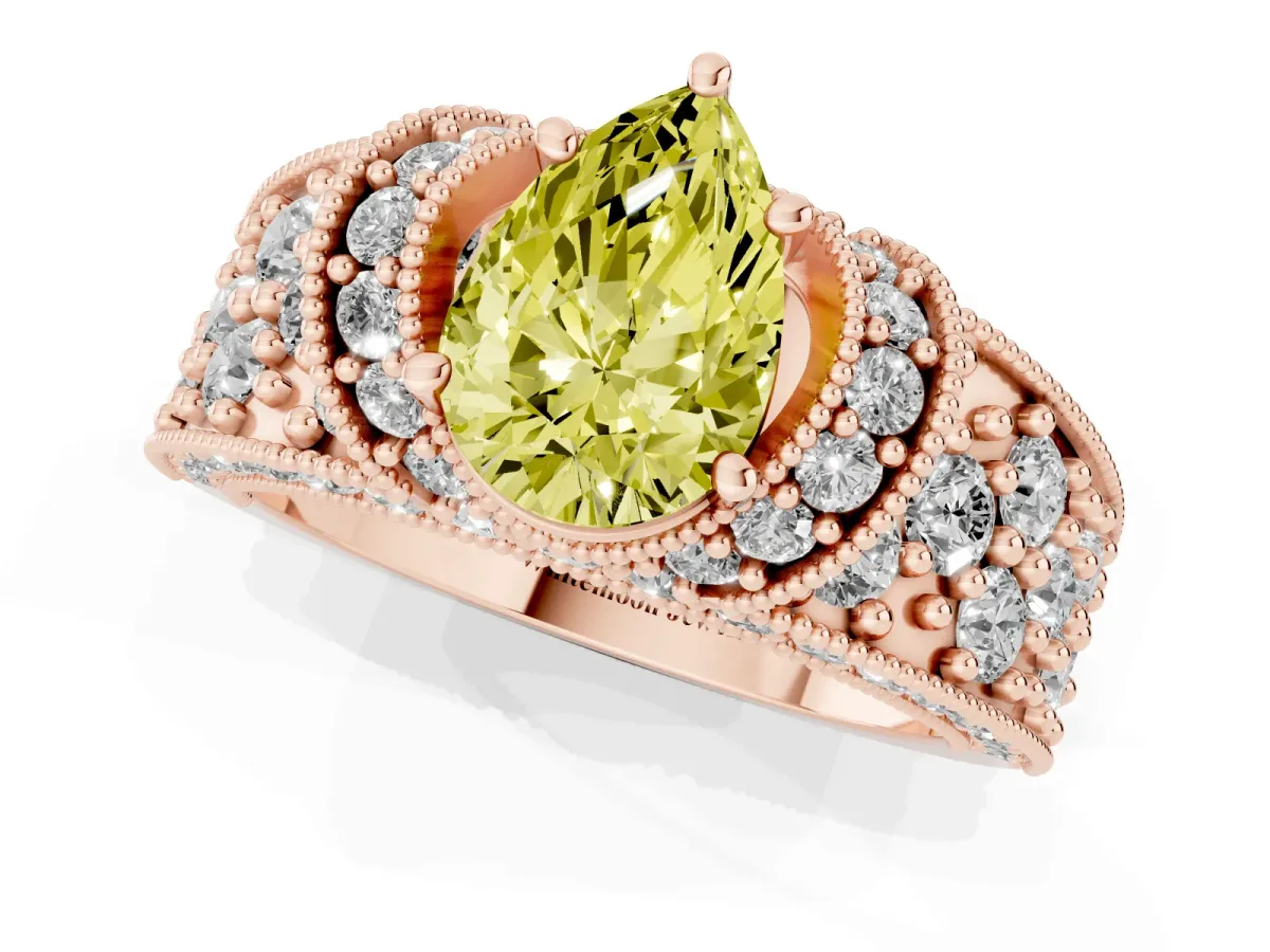 Fancy Yellow Pear Cut Halo Pave Diamond Engagement Ring with Milgrain Detailing Rose gold