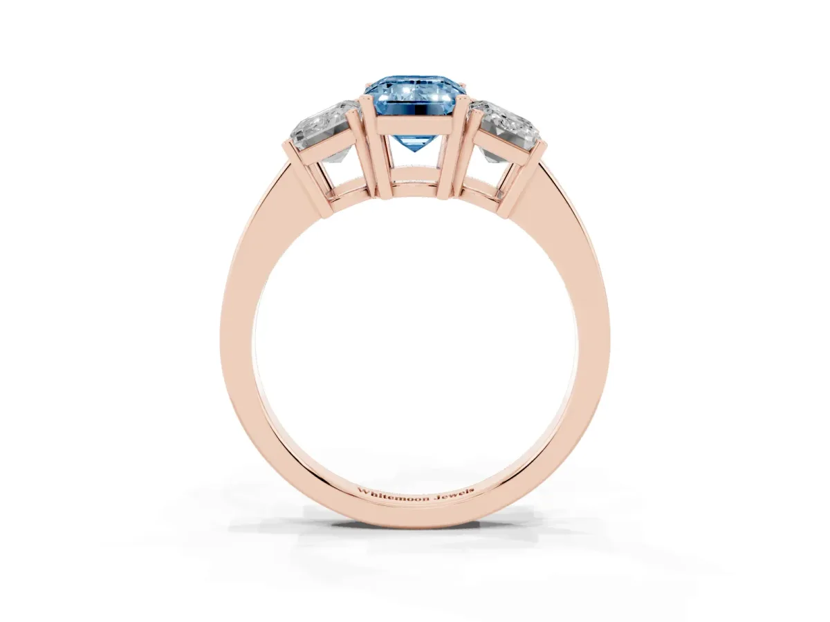 Fancy Blue Three-Stone Emerald Cut Cut Diamond Engagement Ring with Flat Band and Four-Prong Setting Rose gold