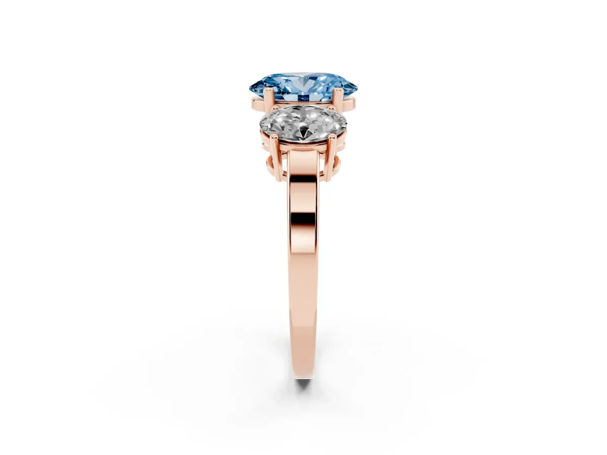Fancy Blue Three-Stone Oval Cut Cut Diamond Engagement Ring with Flat Band and Four-Prong Setting Rose gold