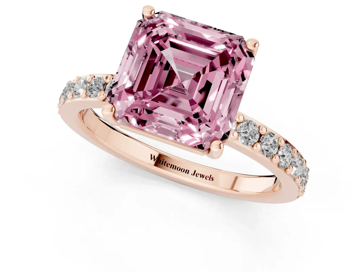 Fancy Pink Asscher Cut Cut Diamond Solitaire with Pave Band and Four-Prong Setting Rose gold