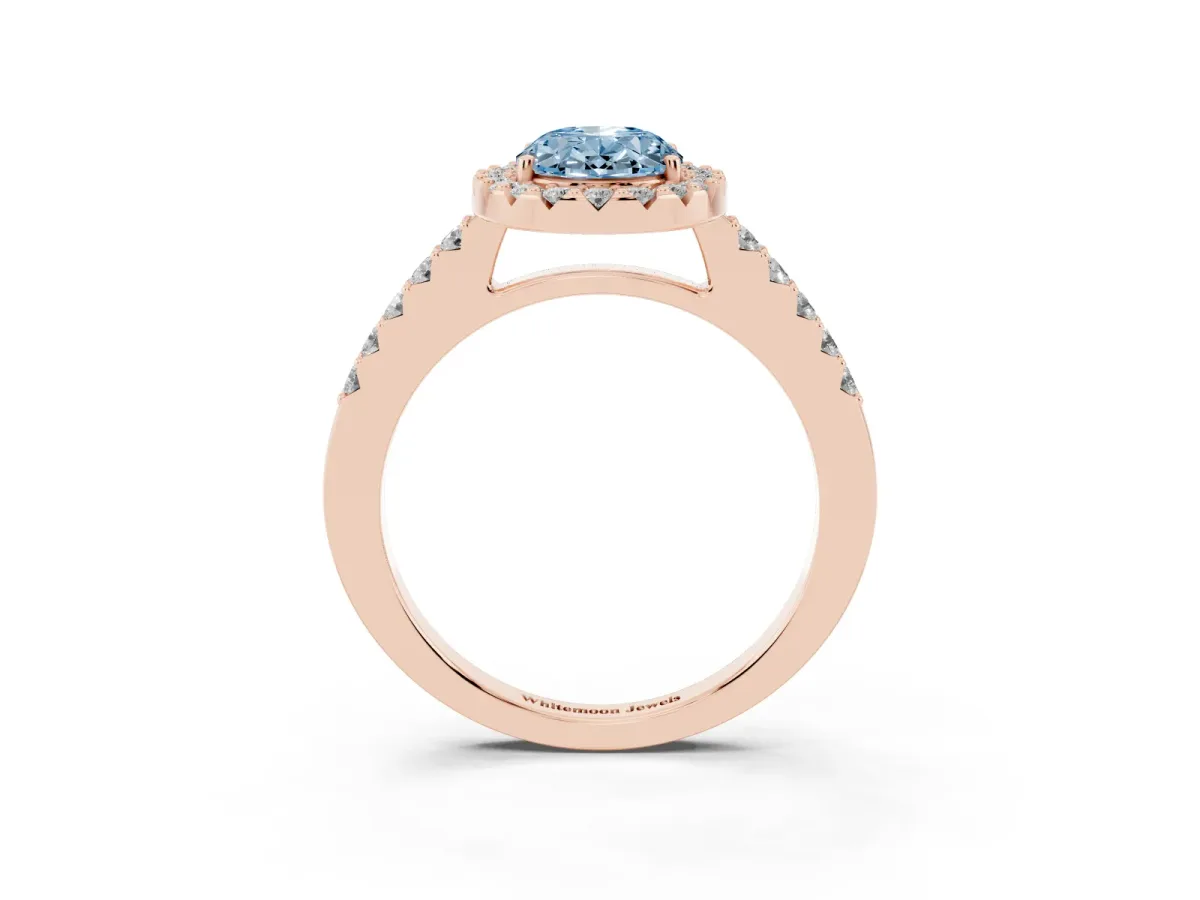 Fancy Blue Oval Cut Halo Diamond Pavé Solitaire Ring Rose gold