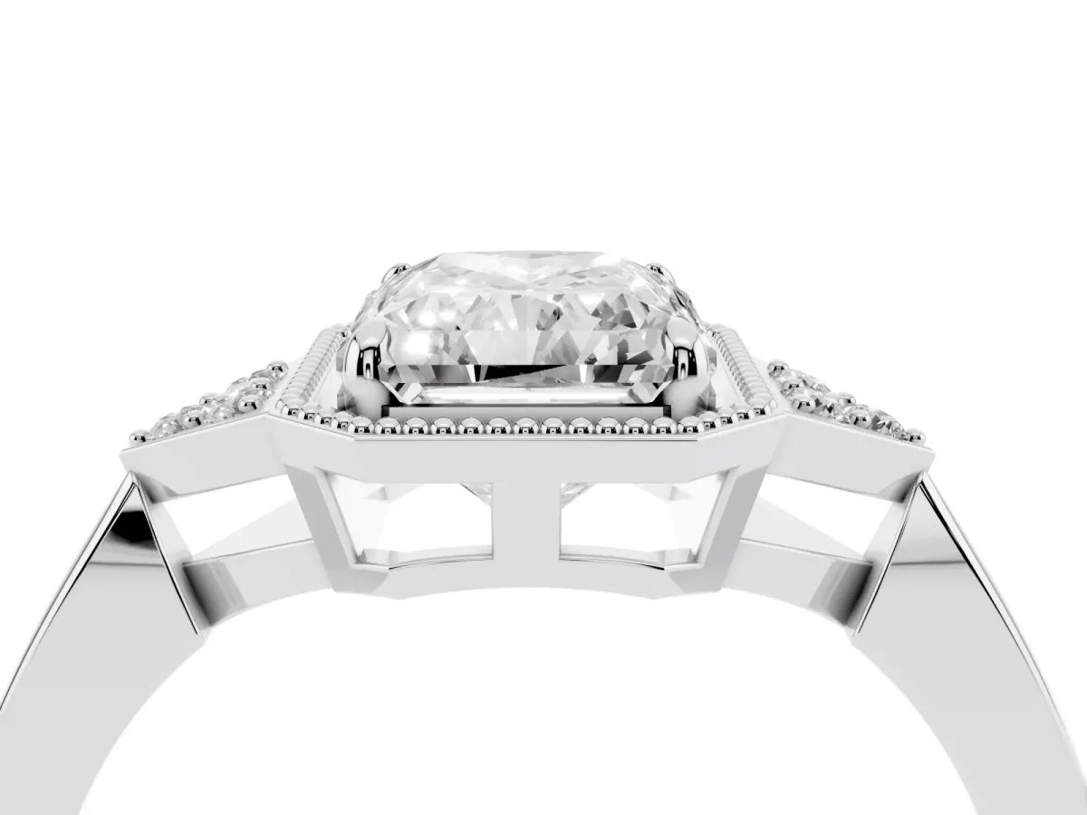Radiant Cut Diamond Halo Ring with Tapered Band and Four-Prong Setting White gold