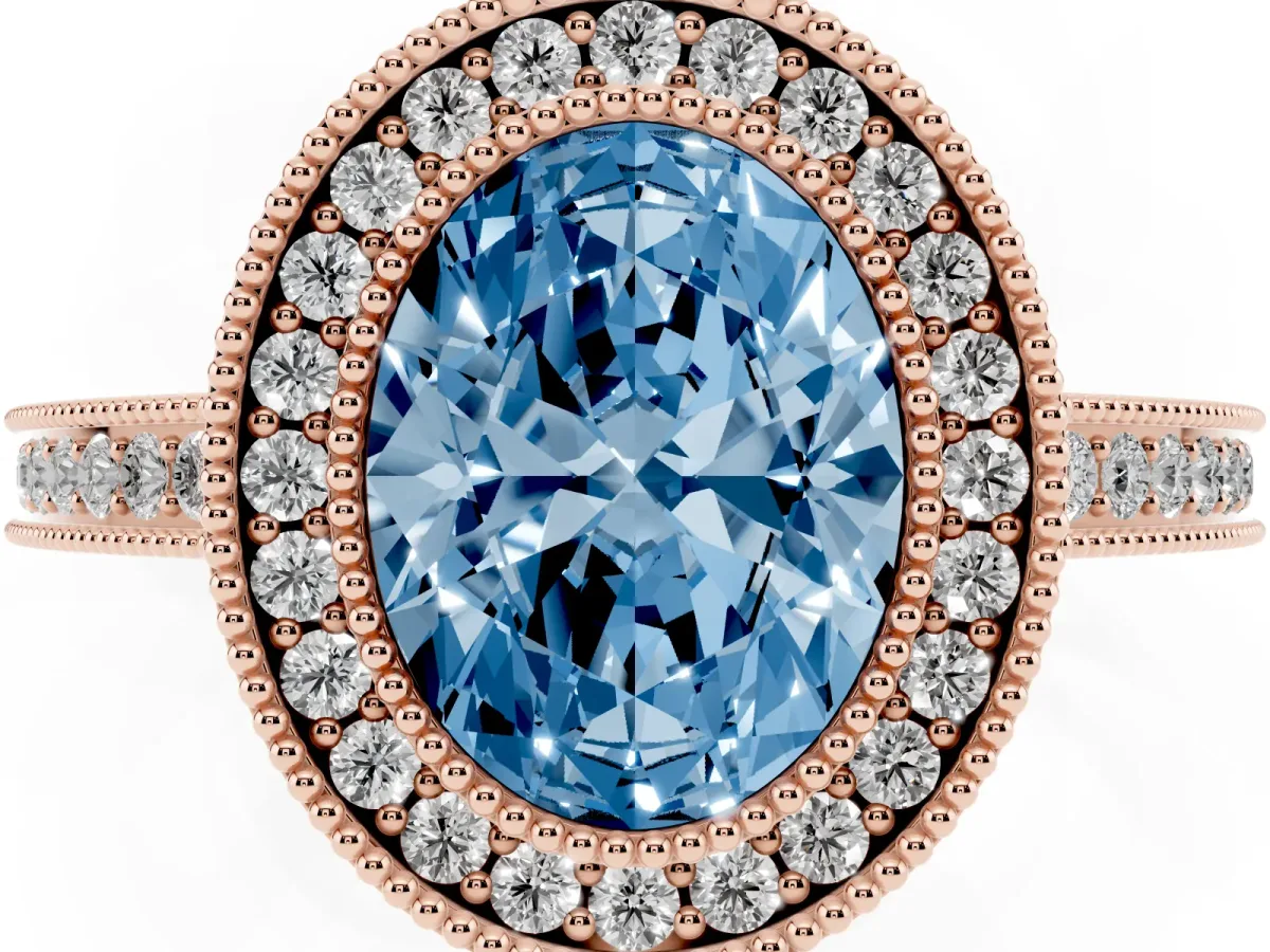 Fancy Blue Oval Cut Cut Halo Diamond Ring with Pavé Band and Milgrain Prong Setting Rose gold