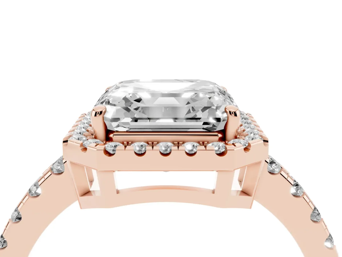 Asscher Cut Diamond Halo Ring with Pavé Band and Four-Prong Setting Rose gold
