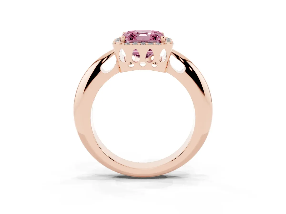 Fancy Pink Asscher Cut Cut Diamond Halo Engagement Ring with Split Shank and Four-Prong Setting Rose gold