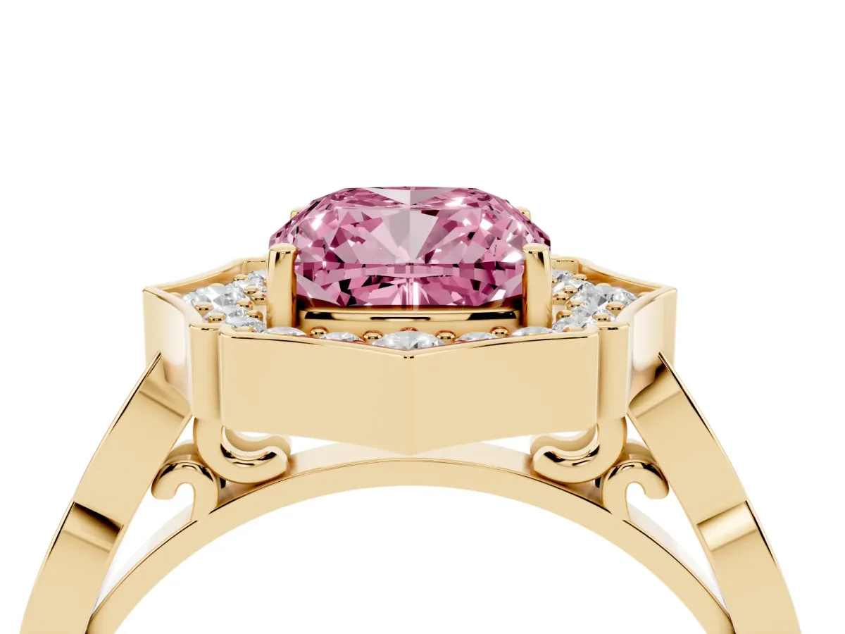 Fancy Pink Cushion Cut Halo Diamond Engagement Ring with Milgrain Band and Four-Prong Setting Yellow gold