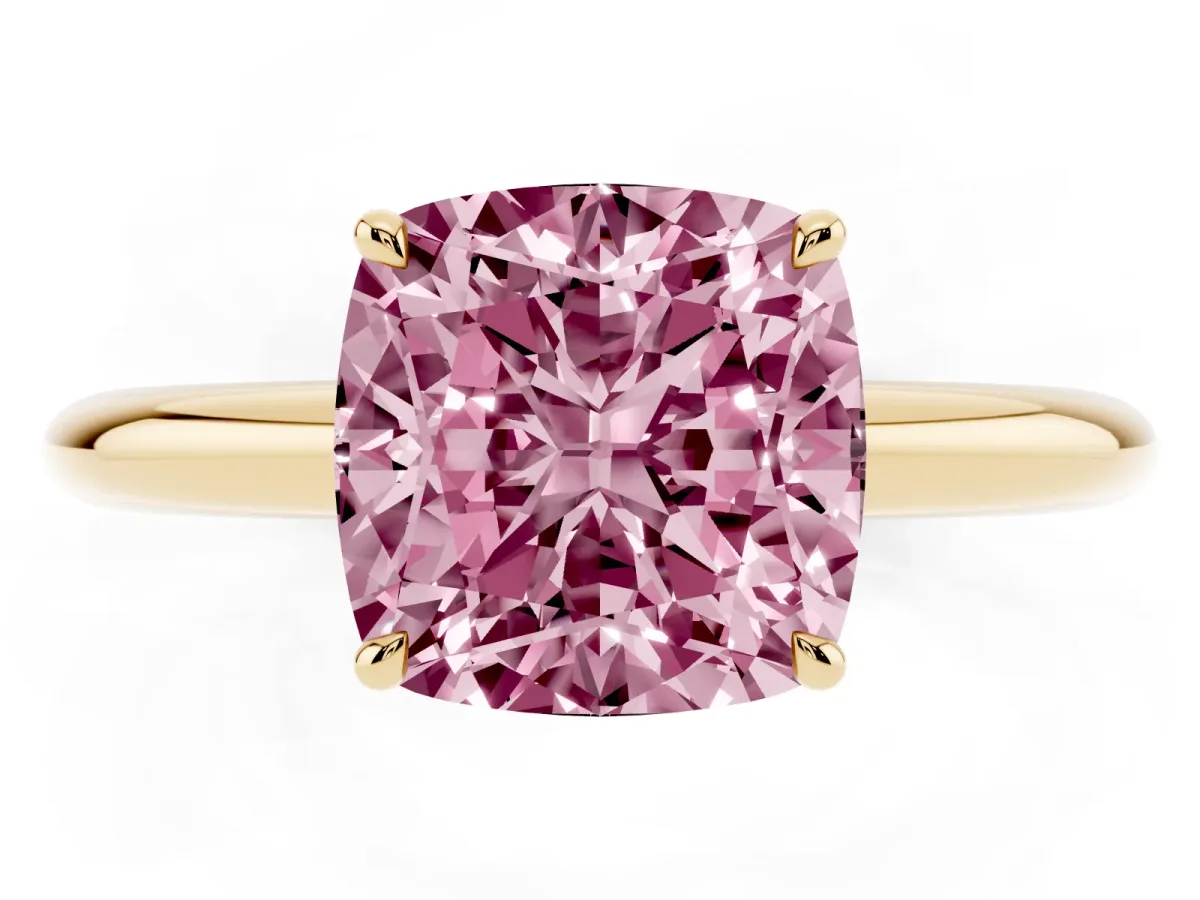 Fancy Pink Cushion Cut Brilliant Solitaire Engagement Ring with Six-Prong Setting and Classic Band Yellow gold