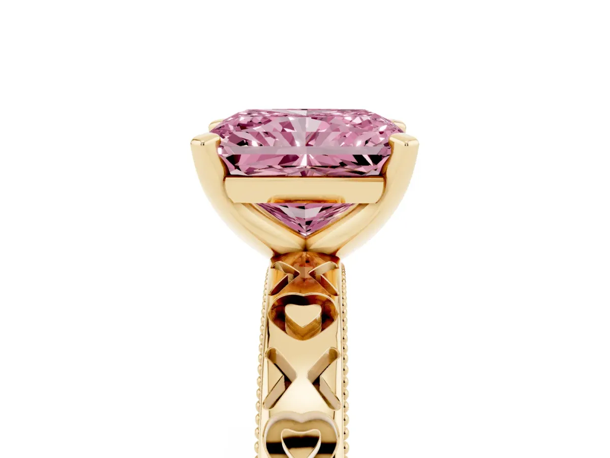Fancy Pink Radiant Cut Solitaire Diamond Engagement Ring with XO Engraved Band and Four-Prong Setting Yellow gold