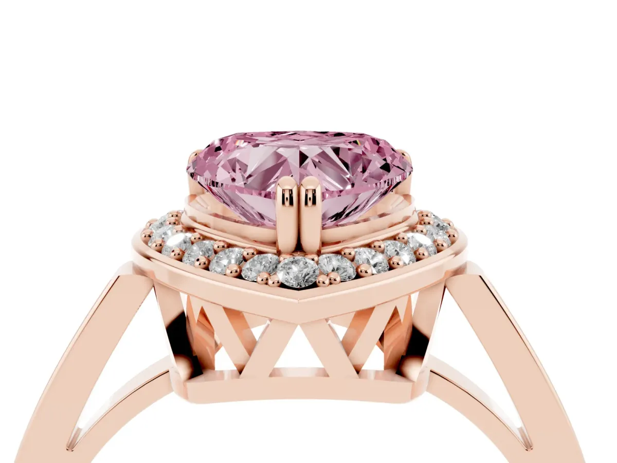 Fancy Pink Heart Cut Diamond Halo Ring with Split Shank and Four-Prong Setting Rose gold