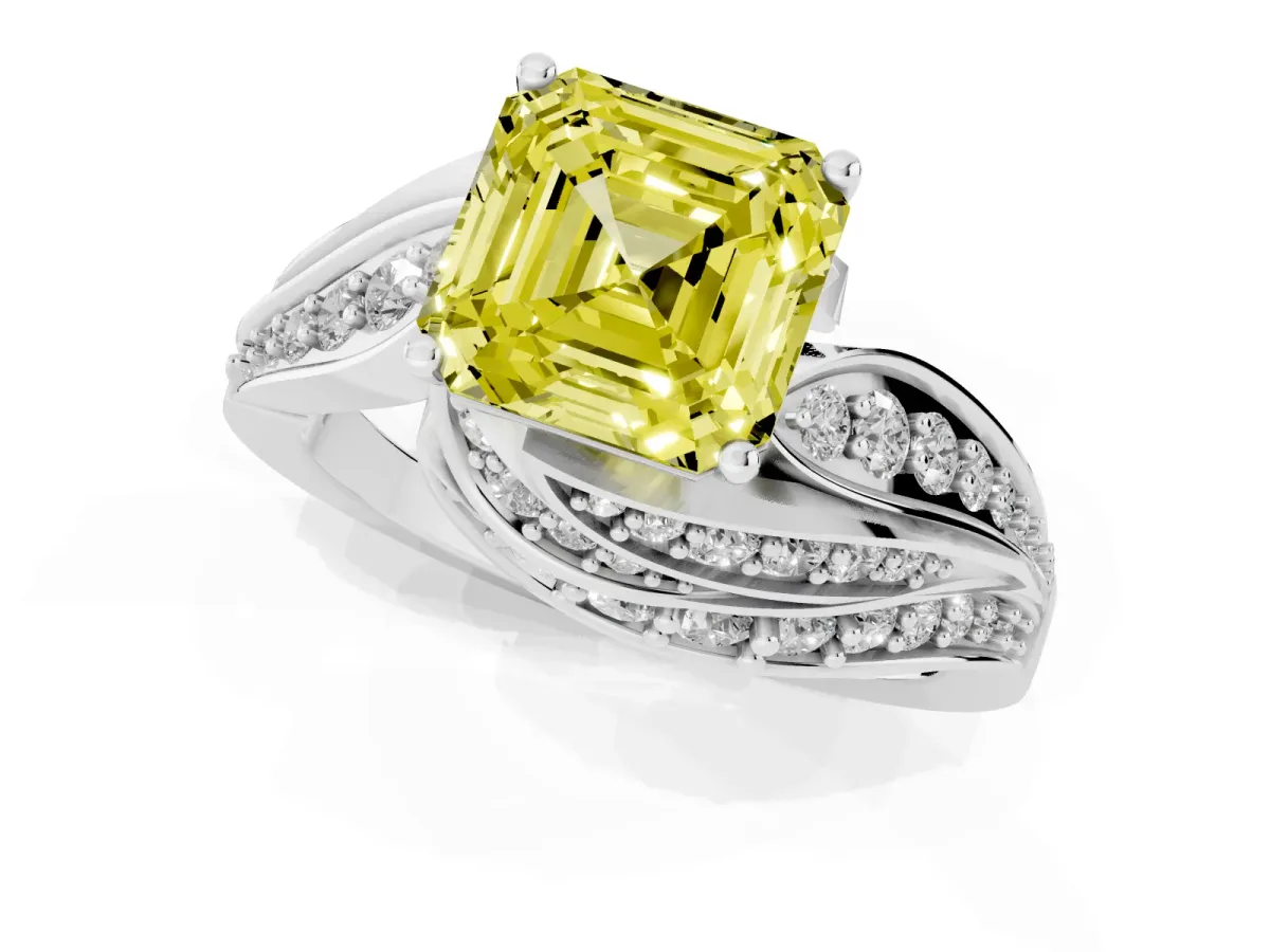 Fancy Yellow Asscher Cut Diamond Solitaire Ring with Prong Setting and Twisted Pavé Band Silver