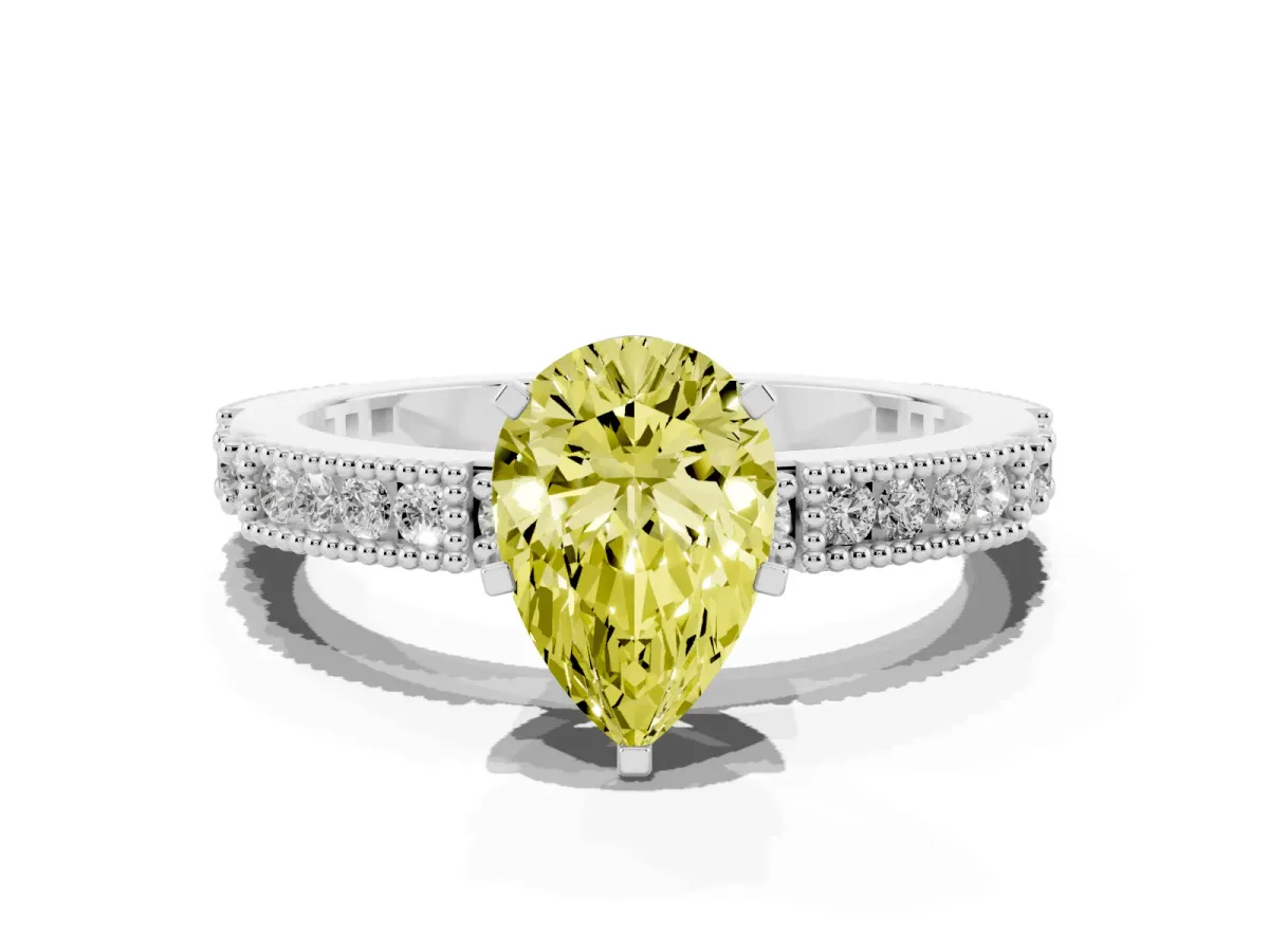 Fancy Yellow Pear Cut Solitaire with Pavé Band and Four-Prong Setting Platinum