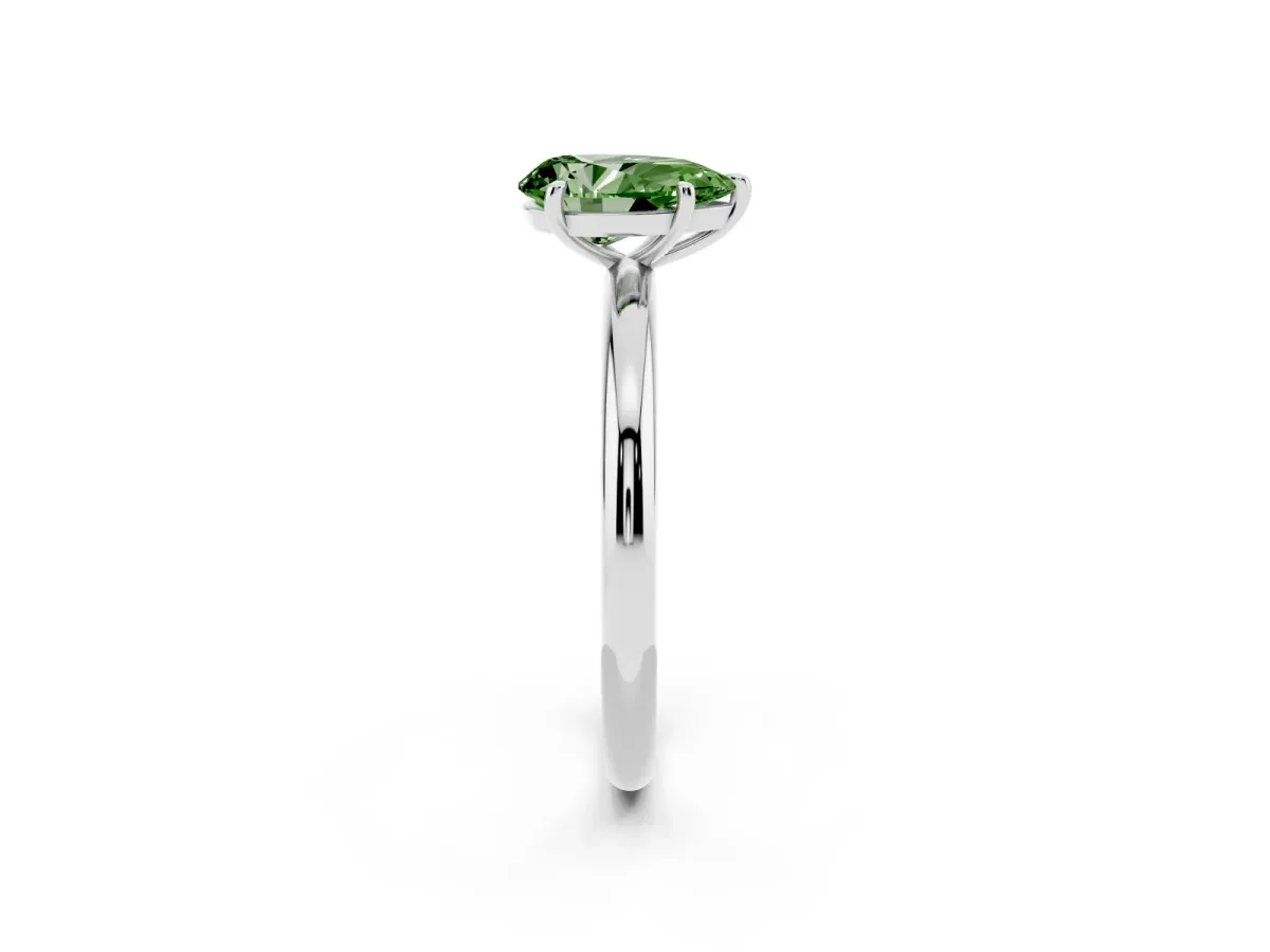 Fancy Green Pear Cut Solitaire Diamond Ring with Four-Prong Setting on a Plain Band Platinum