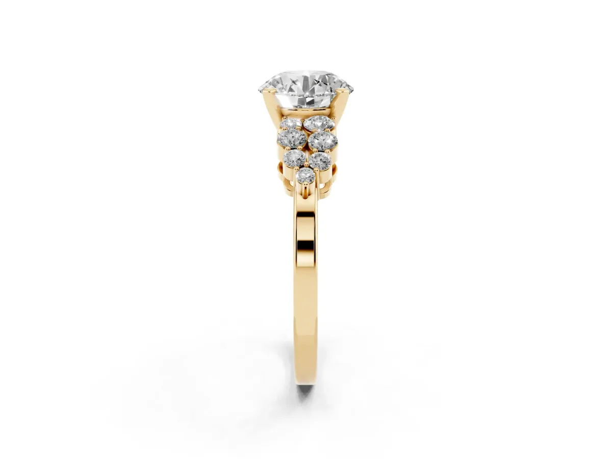 Round Cut Cluster Diamond Engagement Ring with Pavé Band and Four-Prong Setting Yellow gold