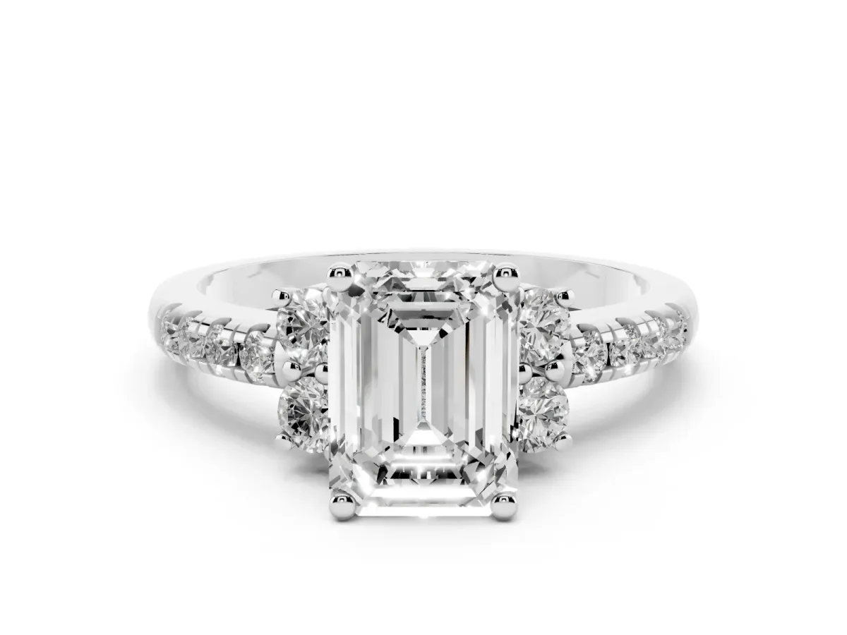 Emerald Cut Diamond Three-Stone Pave Band with Four-Prong Setting Platinum