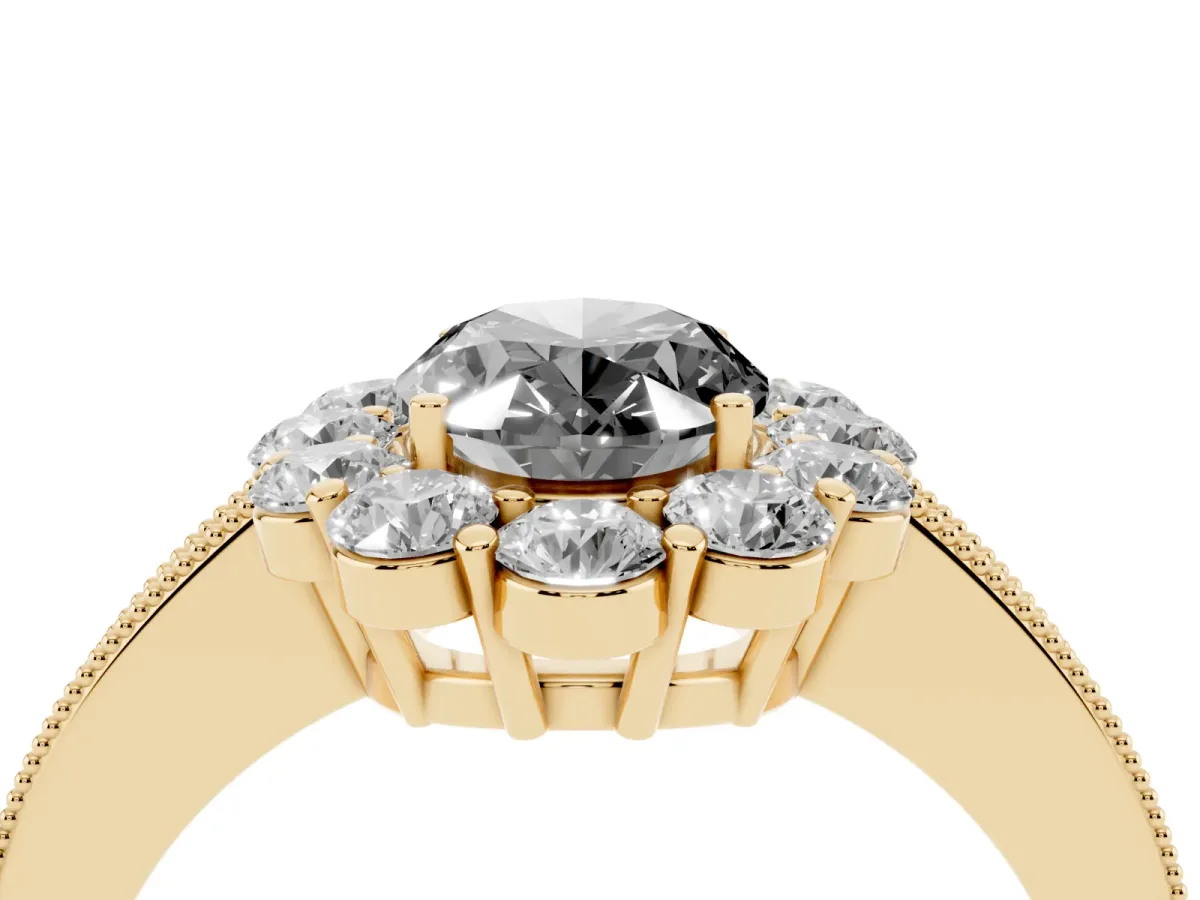 Fancy Black Oval Cut Cut Halo Diamond Pavé Engagement Ring with Milgrain Detailing Yellow gold