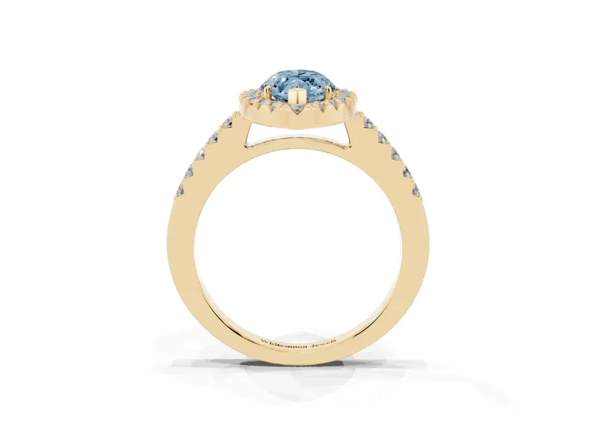Fancy Blue Marquise Cut Halo Diamond Pavé Solitaire Ring Yellow gold