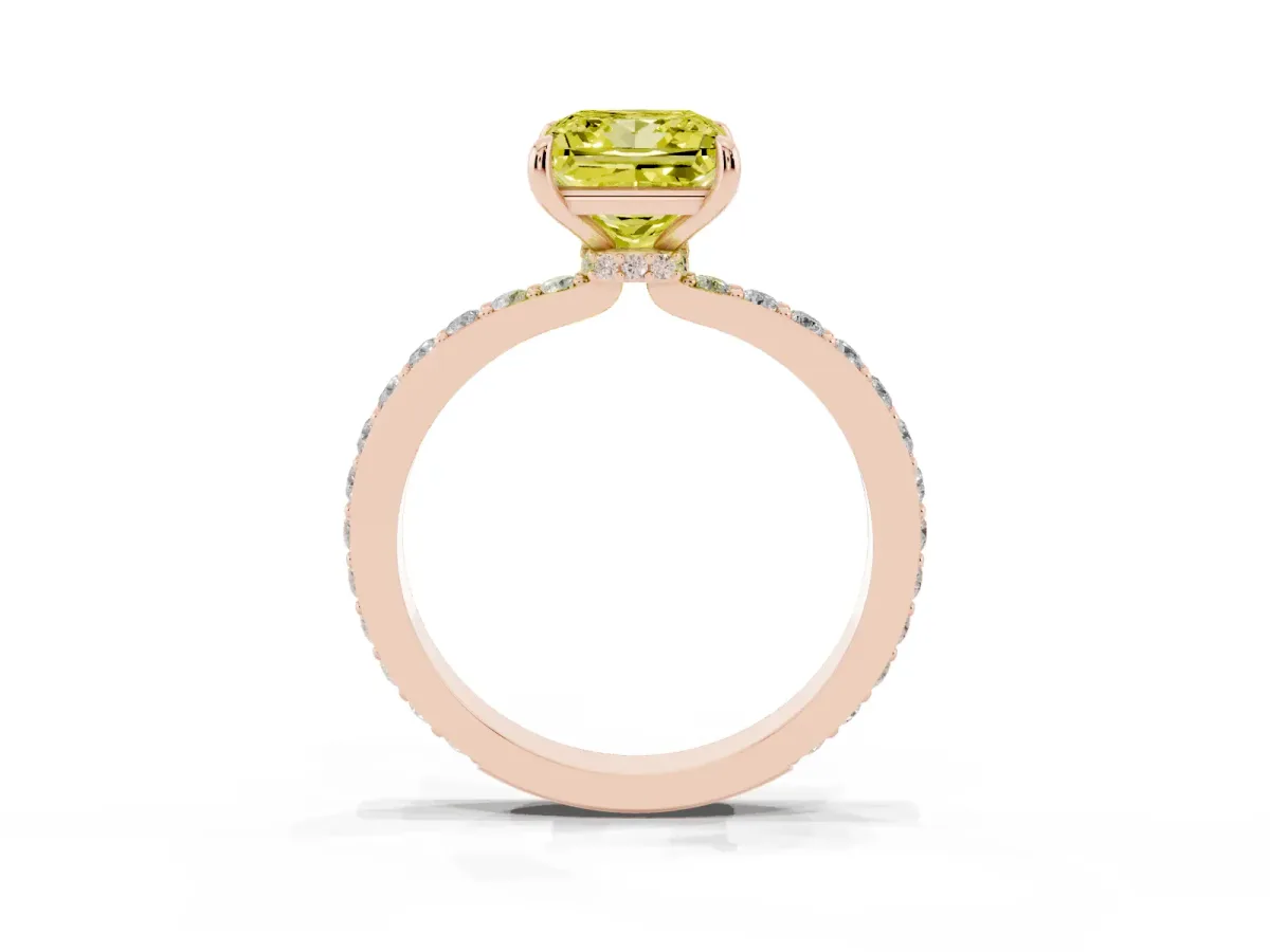 Fancy Yellow Princess Cut Diamond Solitaire Engagement Ring with Pavé Band and Four-Prong Setting Rose gold