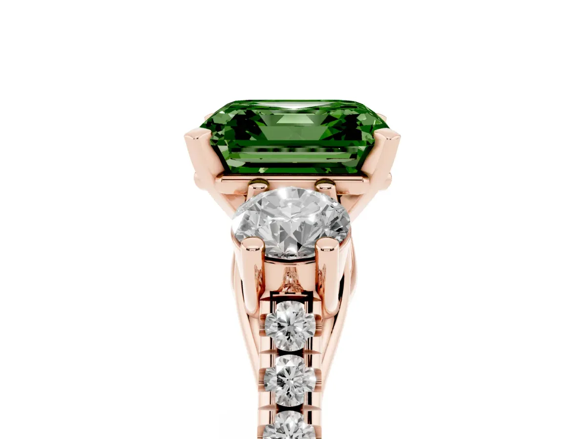 Fancy Green Three-Stone Asscher Cut Diamond Pavé Band with Four-Prong Setting Rose gold