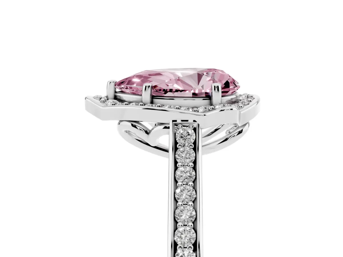 Fancy Pink Pear Cut Halo Round Diamond Pave Band with Four-Prong Setting White gold