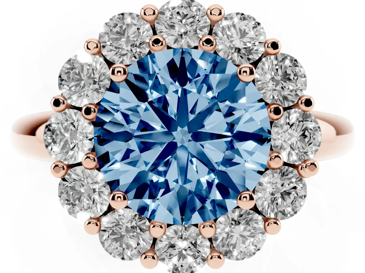 Fancy Blue Round Cut Halo Cluster Diamond Engagement Ring with Prong Setting and Polished Band Rose gold